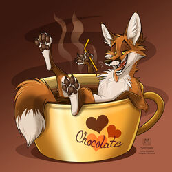  1:1 ambiguous_gender arm_over_edge arms_bent bathing bent_leg beverage brown_body brown_ears brown_fur brown_pawpads candy canid canine chocolate conditional_dnp container cup dessert extended_leg feral food fox fur gradient_background heart_container heart_print heart_symbol holding_object hot_chocolate in_beverage in_container in_cup inner_ear_fluff looking_away mammal one_leg_up open_mouth over_edge pawpads print_container raised_leg red_fox resting_leg simple_background solo steam straw_(disambiguation) sunken_seat supported_leg tail_over_edge tani_da_real tea_cup text tongue tongue_out true_fox tuft up_and_over white_body white_fur white_inner_ear_fluff 