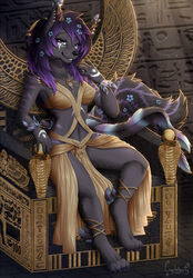  anthro artemis_(itssamigirl) avian bird blush breasts canid canine canis clothed clothing crystalberry dark_body dark_fur deity detailed_background digital_media_(artwork) ear_piercing egyptian egyptian_clothing egyptian_mythology feathers female flower fur hair hybrid jewelry looking_at_viewer mammal markings middle_eastern_mythology mythology necklace piercing plant purple_eyes purple_hair smile solo striped_markings stripes wings wolf 