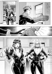  2boys absurdres black_cat_(marvel) black_cat_(marvel)_(cosplay) bodysuit breasts cirenk cleavage commission cosplay domino_mask felicia_hardy female greyscale hands_on_own_hips highres indoors kitchen large_breasts lips long_hair looking_at_viewer marvel mary_jane_watson mask monochrome multiple_boys peter_parker ponytail refrigerator removing_mask spider-man spider-man_(series) standing window 