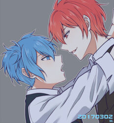  2boys akabane_karma ansatsu_kyoushitsu black_jacket black_vest blue_eyes blue_hair collared_shirt commentary dated eye_contact face-to-face from_side grey_background grin hair_between_eyes height_difference jacket kunugigaoka_middle_school_uniform long_sleeves looking_at_another male_focus meipoi multiple_boys open_mouth profile red_eyes red_hair school_uniform shiota_nagisa shirt short_hair simple_background sleeves_rolled_up smile symbol-only_commentary upper_body vest white_shirt yaoi 