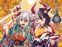  2girls alternate_costume animal_ears animal_print bamboo bare_shoulders black_hair black_kimono breasts camellia chinese_zodiac cleavage clenched_teeth cloud_background cloud_print collarbone commentary_request covered_collarbone cow_ears cow_horns cow_print cup ex-keine fangs floral_print flower glowing green_hair green_kimono green_nails grin hair_between_eyes hair_flower hair_ornament hair_ribbon hand_on_another&#039;s_shoulder hand_up hexagon holding holding_cup horn_ornament horn_ribbon horns hug japanese_clothes kadomatsu kamishirasawa_keine kikkoumon kimono kouhaku_nawa large_breasts long_bangs long_hair long_sleeves looking_at_viewer multicolored_hair multiple_girls nail_polish obi off_shoulder open_mouth orange_eyes outstretched_hand print_kimono red_eyes red_flower red_horns red_nails red_ribbon ribbon rope sakazuki sash sharp_teeth shimenawa short_hair sidelocks smile split-color_hair sunburst sunburst_background sweatdrop taut_clothes teeth textless_version touhou two-tone_hair upper_body ushizaki_urumi v-shaped_eyebrows white_flower white_hair white_horns white_kimono wide_sleeves year_of_the_ox yellow_background zounose 