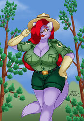  2021 anthro big_breasts bottomwear breasts cleavage clothed clothing cosplay digital_drawing_(artwork) digital_media_(artwork) disney domestic_cat felid feline felis female forest hair hi_res jessica_rabbit lipstick makeup mammal parody peterandwhitney pinup plant pose purple_body red_hair red_lipstick shorts solo tree uniform whitney_(pnc) who_framed_roger_rabbit 