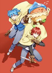  2boys akabane_karma ansatsu_kyoushitsu blue_eyes blue_hair blue_hat blue_vest boots brown_gloves cape clenched_hands closed_mouth collared_shirt commentary dagger denim fighting_stance flying_sweatdrops full_body gloves grey_pants hat holding holding_dagger holding_knife holding_weapon jeans knee_up knife koro-sensei_quest long_sleeves looking_at_viewer looking_up male_focus meipoi midair multiple_boys official_alternate_costume open_mouth orange_eyes pants reaching red_background red_hair scarf shadow shiota_nagisa shirt shoes short_hair simple_background sleeves_rolled_up smile symbol-only_commentary vest weapon white_footwear white_shirt yellow_cape 