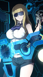  ascot asymmetrical_clothes bare_shoulders belt black_pants blonde_hair blue_ascot blunt_bangs breasts closed_mouth collared_shirt commentary covered_nipples cowboy_shot female green_eyes groin gundam gundam_build_fighters gundam_build_fighters_try gundam_stargazer gunpla heads-up_display highres holding lady_kawaguchi laofuzi_dai_bansho large_breasts long_hair looking_at_viewer midriff model_kit navel pants shirt sidelocks single_pantsleg sleeveless sleeveless_shirt solo standing sunglasses white_belt white_shirt 