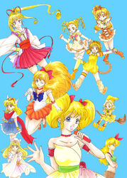  6+girls :d ;) aino_minako akazukin_chacha armor asuka_momoko bare_shoulders bishoujo_senshi_sailor_moon blonde_hair blue_background blue_bow blue_dress blue_eyes boots bow broom broom_riding character_request choker closed_mouth collarbone color_connection commentary_request copyright_request crossed_arms crossover dragon_ball dragon_ball_(classic) dress elbow_gloves floating_hair fong_pudding gloves green_tank_top hair_color_connection hair_rings hairbow happy hat holding holding_microphone leotard long_hair looking_at_viewer lunch_(bad)_(dragon_ball) lunch_(dragon_ball) magical_girl magical_princess mew_pudding microphone miniskirt multiple_crossover multiple_girls nurse_angel_ririka_sos ojamajo_doremi one_eye_closed open_mouth orange_sailor_collar orange_skirt precure red_bow red_choker sailor_collar sailor_senshi_uniform sailor_venus short_hair shoulder_armor simple_background skirt smile tail tank_top tokikyo tokyo_mew_mew white_gloves white_leotard witch_hat yellow_dress yellow_footwear yellow_headwear 