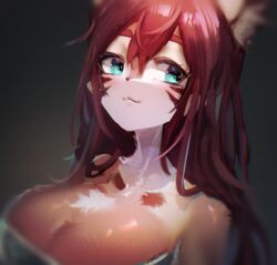  :3 anthro big_breasts biped blue_eyes breasts chest_tuft chizu_(rinnyrawr) clothing eyebrows female hair hi_res inner_ear_fluff looking_sideways red_hair simple_background solo topwear tube_top tuft utterangle 