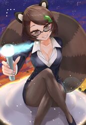  animal_ears black_footwear black_jacket black_legwear black_skirt breasts brown_hair business_suit cleavage collarbone collared_shirt crossed_legs female formal futatsuiwa_mamizou glasses grin highres jacket ke-su leaf leaf_on_head long_sleeves looking_over_eyewear men_in_black mib_mamizou miniskirt neuralyzer office_lady official_alternate_costume pantyhose pencil_skirt raccoon_ears raccoon_tail shirt short_hair skirt skirt_suit smile suit sunglasses tail tanuki touhou urban_legend_in_limbo 