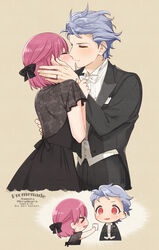  &gt;_&lt; 1boy artist_name black_bow black_dress black_jacket black_pants bob_cut bow bowtie brown_background chibi closed_eyes collared_shirt couple dated dress earrings female frilled_sleeves frills grey_hair hairbow half_updo hand_on_another&#039;s_arm hand_on_another&#039;s_cheek hand_on_another&#039;s_face highres jacket jewelry kissing krudears lipstick_mark long_sleeves pants pearl_earrings pink_hair protagonist_(tokimemo_gs3) red_eyes ring shirt shitara_seiji short_hair short_sleeves smile straight suit_jacket sweatdrop tokimeki_memorial tokimeki_memorial_girl&#039;s_side_3rd_story twitter_username upper_body wavy_mouth white_bow white_bowtie white_shirt 