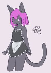  2019 absurd_res anthro apron blush chest_tuft clothing domestic_cat dress felid feline felis female fur grey_background grey_body grey_fur hair hi_res looking_aside maid_uniform mammal pink_eyes pink_hair simple_background smile solo standing tuft ultra_(ultrabondagefairy) ultrabondagefairy uniform 