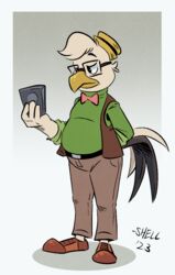  2023 alternate_form anthro artist_name avian beak belt bird black_body black_feathers black_tail_feathers bow_tie brown_clothing chicken clothing dated disney ducktales ducktales_(2017) eyewear feathers galliform gallus_(genus) glasses gradient_background green_background green_clothing grey_background gyro_gearloose hat head_tuft headgear headwear loafers male orange_beak overweight overweight_anthro overweight_male phasianid pink_clothing shellyochunks simple_background solo sweater tan_body tan_clothing tan_feathers tan_tail_feathers topwear tuft turtleneck white_background white_body white_feathers white_tail_feathers yellow_beak 