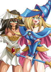  2girls bare_shoulders belt blonde_hair blush blush_stickers breasts brown_hair capelet cleavage closed_eyes collar collarbone commentary_request covered_nipples dark-skinned_female dark_magician_girl dark_skin dress duel_monster facial_mark green_eyes hat holding kohta_(my_page) large_breasts long_hair looking_at_viewer mana_(yu-gi-oh!) multiple_girls open_mouth pelvic_curtain pentagram shiny_skin short_dress showgirl_skirt simple_background smile strapless strapless_dress wand white_background white_dress wizard_hat yu-gi-oh! yu-gi-oh!_duel_monsters 