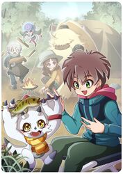  angoramon anthro bandai_namco brown_hair camping clothing digimon digimon_(species) digimon_ghost_game female fire firewood fish fur gammamon grey_hair group hair hair_over_eyes haruka_kd hat headgear headwear hiro_amanokawa horn human humanoid jellymon kiyoshiro_higashimitarai lagomorph leporid male mammal marine rabbit ruri_tsukiyono yellow_body yellow_fur 