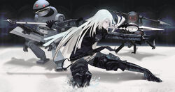  a2_(nier:automata) alternate_costume bifurcation black_gloves blue_eyes boots cal_(calcalpoi) female gloves high_heel_boots high_heels highres holding holding_polearm holding_weapon long_hair machine_(nier) nier:automata nier_(series) official_alternate_costume outstretched_hand polearm shadow solo spear weapon white_hair 