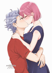  1boy arms_around_waist artist_name blue_dress blush bob_cut breasts closed_eyes collared_shirt couple dated dress earrings female grey_hair hair_between_eyes hand_on_another&#039;s_shoulder highres jewelry kissing krudears medium_breasts pink_hair protagonist_(tokimemo_gs3) red_eyes red_shirt shirt shitara_seiji short_hair short_sleeves sleeveless sleeveless_dress squeezing straight tokimeki_memorial tokimeki_memorial_girl&#039;s_side_3rd_story twitter_username upper_body white_background 