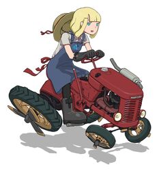  apron blonde_hair blue_eyes boots commentary doyagao driving female flying_car gatling_santouhei gloves hat highres motor_vehicle original pantyhose propeller smug steering_wheel straw_hat tractor unworn_hat unworn_headwear vehicle_focus white_background 