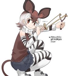  animal_ears animal_print bare_shoulders bow bowtie brown_eyes brown_hair brown_shirt closed_mouth cutoffs denim denim_shorts detached_sleeves extra_ears female from_side hair_between_eyes highres holding holding_weapon iwa_(iwafish) kemono_friends looking_at_viewer looking_to_the_side medium_hair okapi_(kemono_friends) pantyhose peanut pocket print_pantyhose print_sleeves shirt shoes shorts simple_background sleeveless sleeveless_shirt slingshot_(weapon) smile solo squatting striped_clothes striped_pantyhose striped_sleeves tail tail_through_clothes translation_request weapon white_background white_hair 