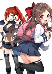  2girls :d backpack bag bare_shoulders black_footwear black_gloves black_legwear black_skirt blue_dress blue_eyes blush boots bow braid breasts brown_hair character_request commentary_request crop_top dress fingerless_gloves fishnet_thighhighs fishnets ga_bunko garter_straps gloves grey_legwear hairbow hand_on_own_hip kurot long_hair long_sleeves looking_at_viewer looking_to_the_side medium_breasts midriff multiple_girls oerba_yun_fang official_art open_mouth parted_bangs ponytail randoseru red_bow red_eyes sailor_collar school_uniform shirt shoe_soles shoes simple_background skirt sleeveless sleeveless_dress smile standing standing_on_one_leg tensei_youjo_maou thighhighs v-shaped_eyebrows very_long_hair white_background white_sailor_collar white_shirt 