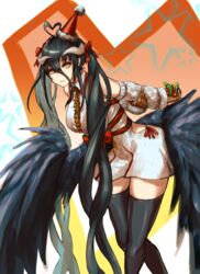  absurdres albedo_(overlord) black_hair box breasts christmas christmas_ornaments commentary_request demon_girl demon_horns dress feathered_wings feathers female gift gift_box hair_between_eyes hair_ornament hat highres horns large_breasts long_hair looking_at_viewer necktie overlord_(maruyama) santa_hat solo thighhighs thighs tsugu0302 white_dress wings yellow_eyes 