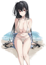  absurdres ass_visible_through_thighs azur_lane beach bikini black_hair blush breasts cleavage closed_mouth collarbone commentary crossed_bangs english_commentary expressionless feet_out_of_frame female hair_between_eyes highres large_breasts long_hair looking_at_viewer mixed-language_commentary navel official_alternate_costume paid_reward_available red_eyes ref_(pmxt4483) side-tie_bikini_bottom side_ponytail sitting solo stomach string_bikini swimsuit taihou_(azur_lane) taihou_(seaside_daydreams)_(azur_lane) thigh_gap white_bikini 