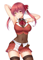  :p armpits arms_behind_head ascot bare_shoulders blush breasts brown_leotard brown_thighhighs cleavage commentary_request contrapposto covered_navel cowboy_shot crop_top embroidery female gold_trim hair_between_eyes heterochromia highres hololive houshou_marine houshou_marine_(1st_costume) large_breasts leotard leotard_under_clothes long_hair looking_at_viewer midriff miniskirt pleated_skirt red_eyes red_hair red_skirt red_vest see-through see-through_cleavage see-through_leotard simple_background skindentation skirt sleeveless solo thighhighs tongue tongue_out twintails two-tone_skirt vest virtual_youtuber white_background yellow_eyes yuunagi_(0217) zettai_ryouiki zipper_pull_tab 