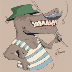  1:1 2023 anthro artist_name brown_background brown_body brown_scales cavemanon_studios closed_eyes clothing digital_drawing_(artwork) digital_media_(artwork) dinosaur extinct facial_hair fingers fishing_hat fishing_rod hat headgear headwear male moe_(snoot_game) moustache prehistoric_species reptile scales scalie sharp_teeth shirt short_arms signature simple_background smile snoot_game solo tank_top teeth theropod theumslayer topwear tyrannosaurid tyrannosauroid tyrannosaurus 