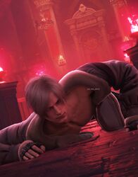  3d 3d_(artwork) 3d_model abs blonde_hair blue_eyes capcom chest es_nio_arts_(artist) exposed_torso getting_up indoors intense_stare jacket_open leon_scott_kennedy looking_at_viewer resident_evil resident_evil_4 resident_evil_4_remake solo solo_focus solo_male 