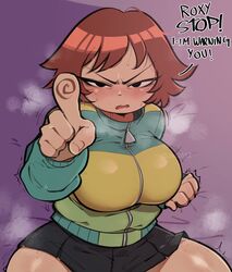  1girls black_eyes blush brown_hair clothed female female_only freckles freckles_on_face freckles_on_thighs jacket jsq012 kim_pine looking_at_viewer no_visible_genitalia pointing scott_pilgrim short_hair skirt solo solo_female steam sweat text thick_thighs 