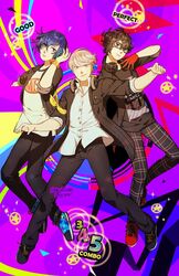  3boys amamiya_ren bad_id bad_twitter_id black_hair blue_eyes blue_hair darkgreyclouds glasses gloves grey_hair looking_at_viewer male_focus multiple_boys narukami_yuu persona persona_3 persona_3:_dancing_moon_night persona_4 persona_4:_dancing_all_night persona_5 persona_5:_dancing_star_night persona_dancing scarf school_uniform short_hair shuujin_academy_school_uniform smile yasogami_school_uniform yuuki_makoto_(persona_3) 