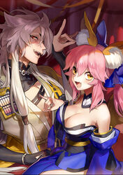  1boy animal_ears armor breasts cleavage collarbone commentary_request crossover detached_sleeves fate/extra fate_(series) female fox_ears fox_shadow_puppet fox_tail hair_flaps hair_ribbon highres japanese_armor japanese_clothes kogitsunemaru large_breasts long_hair molly oerba_yun_fang open_mouth pink_hair red_eyes ribbon smile tail tamamo_(fate) tamamo_no_mae_(fate/extra) touken_ranbu trait_connection white_hair yellow_eyes 