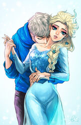  1boy crossover ebiko-chan elsa_(frozen) female frozen_(disney) jack_frost_(rise_of_the_guardians) rise_of_the_guardians sequins 