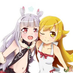  2girls :d ;) blonde_hair blush_stickers cheek-to-cheek commentary_request crossover dress fooring grey_hair heads_together hoshimiya_kate long_hair monogatari_(series) multiple_girls navel nisemonogatari one_eye_closed open_mouth oshino_shinobu red_eyes sekai_seifuku:_bouryaku_no_zvezda smile star_(symbol) venera-sama yellow_eyes 