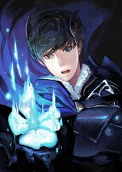  1boy armor berkut_(fire_emblem) black_armor blue_eyes brown_hair cape commentary_request fire fire_emblem fire_emblem_echoes:_shadows_of_valentia flower fur_trim gloves kokouno_oyazi male_focus open_mouth solo teeth upper_body 