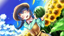  :d ^_^ braid closed_eyes commentary_request female flower food fruit hat highres long_hair open_mouth outdoors shokugeki_no_souma smile solo summer sun_hat sunflower tadokoro_megumi twin_braids watermelon yottan 