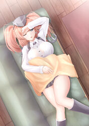  absurdres anchor_hair_ornament atlanta_(kancolle) bad_id bad_pixiv_id black_footwear black_hat black_skirt boots breasts brown_hair couch dress_shirt earrings female garrison_cap grey_eyes hair_ornament hat high-waist_skirt highres indoors jewelry kantai_collection large_breasts long_hair long_sleeves lying manjukannon on_back on_couch shirt single_earring skirt solo star_(symbol) star_earrings suspender_skirt suspenders two_side_up white_shirt wooden_floor 