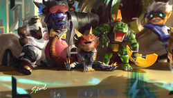  3boys alistar_(league_of_legends) animal_costume beard blue_shirt bottle character_request check_character claws cow_costume creature eye_focus facial_hair glowing glowing_eyes grin happy highres holding holding_bottle kennen kog&#039;maw league_of_legends lizard long_hair looking_at_viewer male_focus minotaur moo_cow_alistar multiple_boys open_mouth pug&#039;maw renekton renektoy shirt sitting skaarl smile super_kennen teeth tongue wutu_(1183238220) 