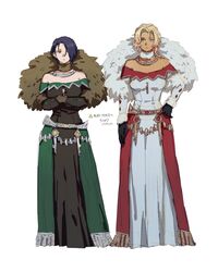  2girls 91007 alternate_costume bare_shoulders belt black_dress black_gloves black_hair blonde_hair catherine_(fire_emblem) commentary_request crossed_arms dark_skin dress feather_boa fire_emblem fire_emblem:_three_houses full_body fur-trimmed_sleeves fur_collar fur_trim gloves hand_on_own_hip highres jewelry long_sleeves looking_at_viewer multiple_girls necklace off-shoulder_dress off_shoulder purple_eyes shamir_nevrand short_hair simple_background standing white_background white_dress 