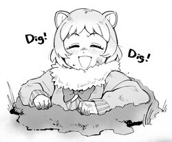  :d ^_^ animal_ears black-tailed_prairie_dog_(kemono_friends) blush bow bowtie closed_eyes commentary_request dirty dirty_clothes dirty_face dirty_hands facing_viewer female fur_collar greyscale kemono_friends long_sleeves monochrome open_mouth short_hair smile solo sweatdrop sweater yokuko_zaza 