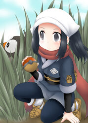  akari_(pokemon) blue_hair grass grey_eyes holding holding_poke_ball kneeling long_hair on_grass ouno_(nounai_disintegration) outdoors poke_ball poke_ball_(legends) pokemon pokemon_(creature) pokemon_legends:_arceus red_scarf scarf sidelocks starly 