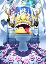  absurdres arms_up bbb_(fabio8552) bracelet commentary_request digimon digimon_(creature) highres indoors jewelry long_tongue mouse_(animal) no_humans ring scumon shit teeth toilet toilet_paper tongue tongue_out tyumon 