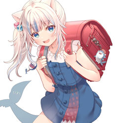  :d animal_ears backpack bag bloop_(gawr_gura) blue_eyes blue_hair cat_ears cube_hair_ornament female fins fish_tail gawr_gura gawr_gura_(casual) hair_ornament hololive hololive_english looking_at_viewer multicolored_hair open_mouth randoseru serino_itsuki shark_girl shark_tail sharp_teeth side_ponytail simple_background smile solo streaked_hair tail teeth virtual_youtuber white_background white_hair 