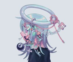  8-ball aqua_hair ball billiard_ball black_shirt cable chains female flower grey_background haka-baka halo hammer highres ice_cream_cone long_hair mouth_hold original phone plant portrait potted_plant profile red_flower shirt simple_background solo traffic_cone 