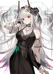  absurdres adjusting_hair arknights bare_shoulders black_collar black_dress black_flower black_gloves black_nails breasts closed_mouth collar cross cross_necklace dress earrings female flower gloves hair_flower hair_ornament hand_in_own_hair highres horns jewelry krin_(krinnin) long_hair medium_breasts mudrock_(arknights) mudrock_(obsidian)_(arknights) nail_polish necklace official_alternate_costume pointy_ears red_eyes single_earring single_glove solo white_background white_hair 