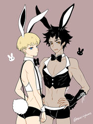  2boys animal_ears asuka_ryou black_hair blonde_hair blue_eyes bow bowtie brown_eyes commentary crop_top dark-skinned_male dark_skin detached_collar devilman devilman_crybaby fudou_akira kemonomimi_mode male_focus male_playboy_bunny multiple_boys nightcat pectorals photoshop_(medium) rabbit_boy rabbit_ears rabbit_tail short_shorts shorts suspender_shorts suspenders tail undercut waistcoat wrist_cuffs 