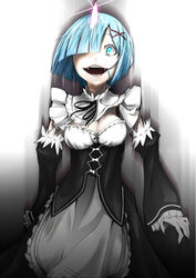  apron blue_eyes blue_hair bob_cut bow breasts cleavage commentary_request cowboy_shot detached_collar detached_sleeves fangs female fingernails glowing_horns gradient_background hair_in_own_mouth hair_ornament hair_over_one_eye hair_ribbon highres horns kanda_mijinko looking_at_viewer maid maid_apron maid_headdress medium_breasts neck_ribbon open_mouth photoshop_(medium) re:zero_kara_hajimeru_isekai_seikatsu rem_(re:zero) ribbon roswaal_mansion_maid_uniform sharp_fingernails short_hair single_horn smile solo standing teeth x_hair_ornament 