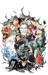  bandage bane batman_(series) bodysuit bow bowler_hat bowtie cane cape catwoman clayface dc_comics dustin_nguyen formal gloves goggles green_hair green_skin gun harley_quinn harvey_dent hat hush_(dc) killer_croc mad_hatter_(dc) mask mr._freeze necktie poison_ivy ra&#039;s_al_ghul red_hair scar scarecrow_(dc) selina_kyle smile smoking suit tea the_joker the_penguin the_riddler top_hat two-face weapon 