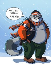  2019 anthro belly big_belly black_nose bottomwear clothing english_text fur grey_body grey_fur hat headgear headwear hi_res john_vithor male mammal overweight overweight_anthro overweight_male pants procyonid raccoon rocky_ramos scar scarf shirt snow solo sweater text topwear winter 