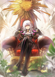  armor artist_name black_legwear black_shirt black_skirt blurry clothes_hanger code:_nemesis_(elsword) commentary_request crossed_legs dated depth_of_field elsword eve_(elsword) expressionless facial_mark female fingerless_gloves fingers_together forehead_jewel from_below full_body gloves indoors long_hair looking_at_viewer photoshop_(medium) servati shirt shoulder_armor sitting skirt thighhighs throne white_hair yellow_eyes 