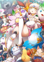  bare_shoulders blunt_bangs candle chestnut_mouth code:_empress_(elsword) collarbone commentary_request double_bun elsword eve_(elsword) facial_mark female fire flower forehead_jewel hair_bun highres hugging_object jack-o&#039;-lantern leg_up long_hair looking_at_viewer lying open_mouth ophelia_(elsword) parted_lips phoru_(elsword) photoshop_(medium) puffy_short_sleeves puffy_sleeves pumpkin rubber_duck servati sharp_teeth short_sleeves solo stuffed_animal stuffed_toy teddy_bear teeth thighhighs tiara white_hair white_thighhighs yellow_eyes 