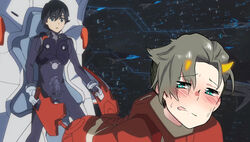  2boys all_fours bangs black_bodysuit black_hair blue_eyes blush bodysuit darling_in_the_franxx doggy_style erection erection_under_clothes eyebrows_visible_through_hair gloves green_eyes hiro_(darling_in_the_franxx) holding horns light_brown_hair looking_at_viewer male_focus mitsuru_(darling_in_the_franxx) multiple_boys oni_horns pilot_suit red_bodysuit short_hair sitting space sweat sweatdrop tongue tongue_out white_gloves 