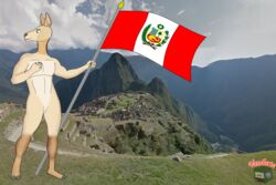  2016 anthro biped camelid digital_media_(artwork) flag flagpole fur green_eyes hi_res llama male mammal nude patriotism peru peruvian_flag photo_background photography_(artwork) politics smile solo standing vandarte vandarte_(character) 